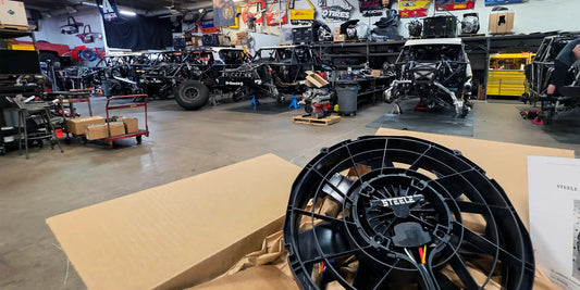 Three SRP high-performance brushless radiator fans, shown side by side on a black background. Each fan features a slim, aerodynamic design with curved blades for maximum airflow and efficiency. Suitable for racing, off-road, and custom vehicle builds.