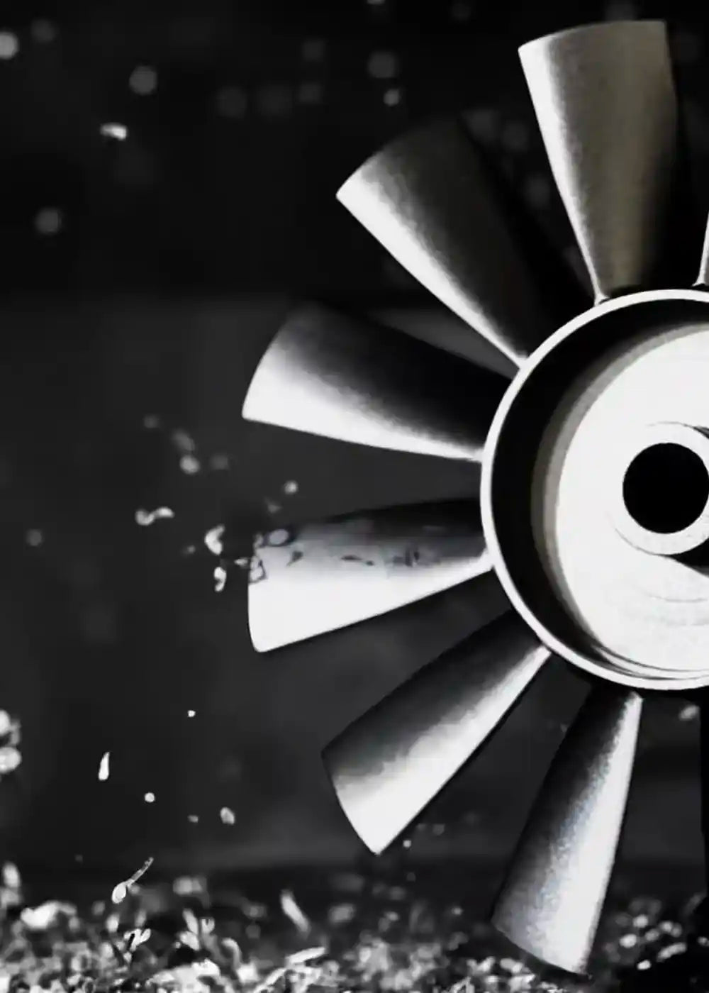Close-up of a brushless cooling fan’s rotor blades on the right, with water droplets and metal shavings spraying across a dark, textured background