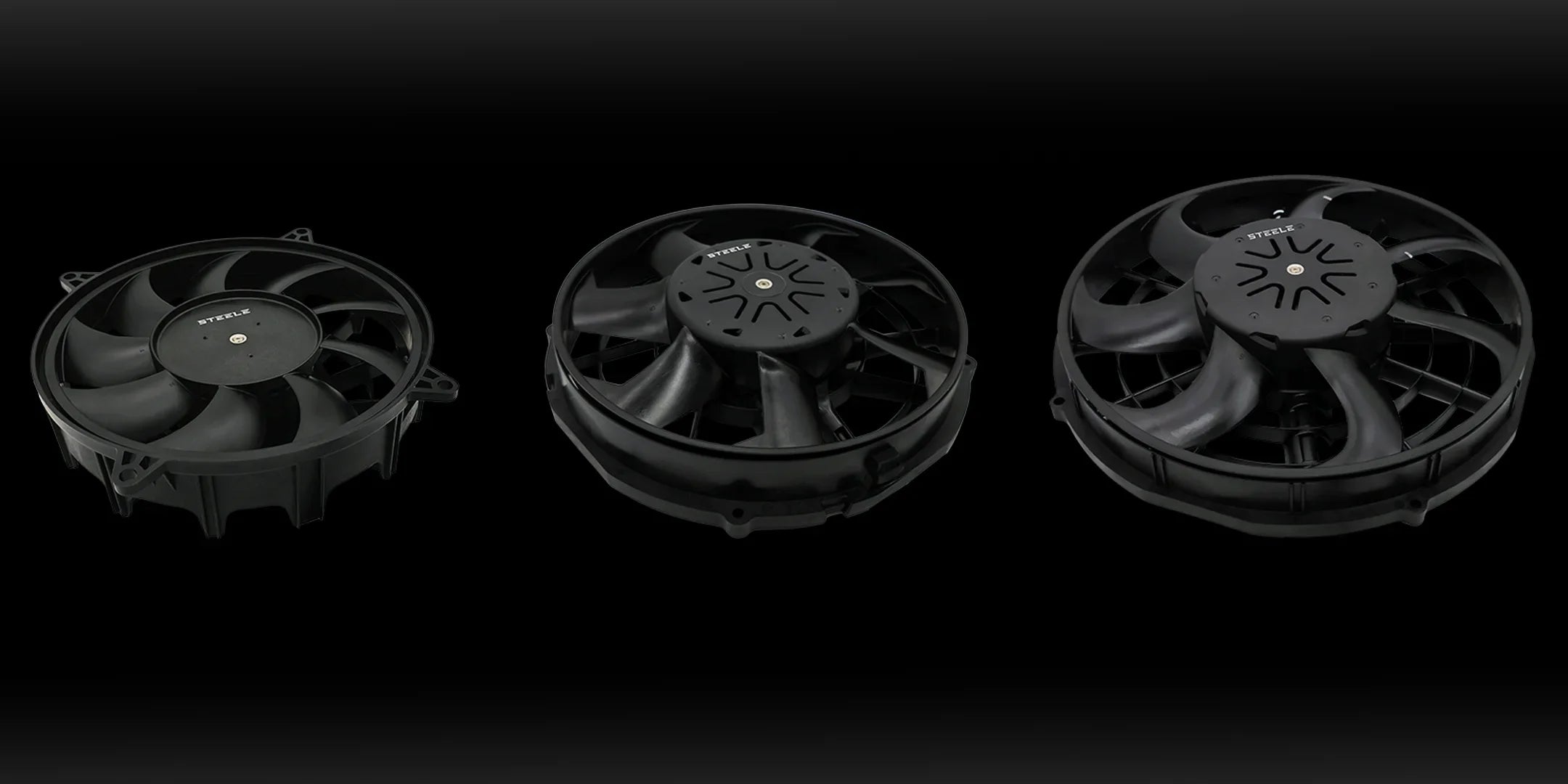 Three SRP high-performance brushless radiator fans, shown side by side on a black background. Each fan features a slim, aerodynamic design with curved blades for maximum airflow and efficiency. Suitable for racing, off-road, and custom vehicle builds.