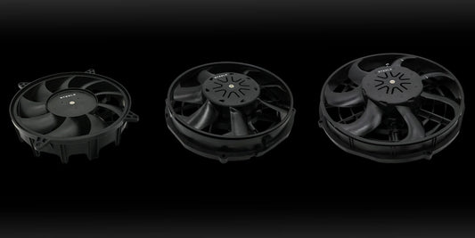 Three SRP high-performance brushless radiator fans, shown side by side on a black background. Each fan features a slim, aerodynamic design with curved blades for maximum airflow and efficiency. Suitable for racing, off-road, and custom vehicle builds.
